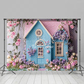 Lofaris Spring Floral Wooden Blue Pink House Photo Backdrop